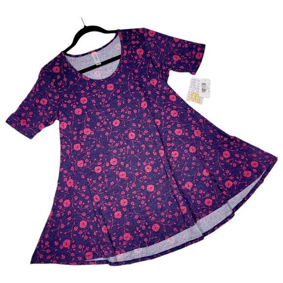 LuLaRoe Floral Perfect T XXS NEW Purple Pink Micro Stripe Swing Tunic Tee Top - Picture 1 of 8